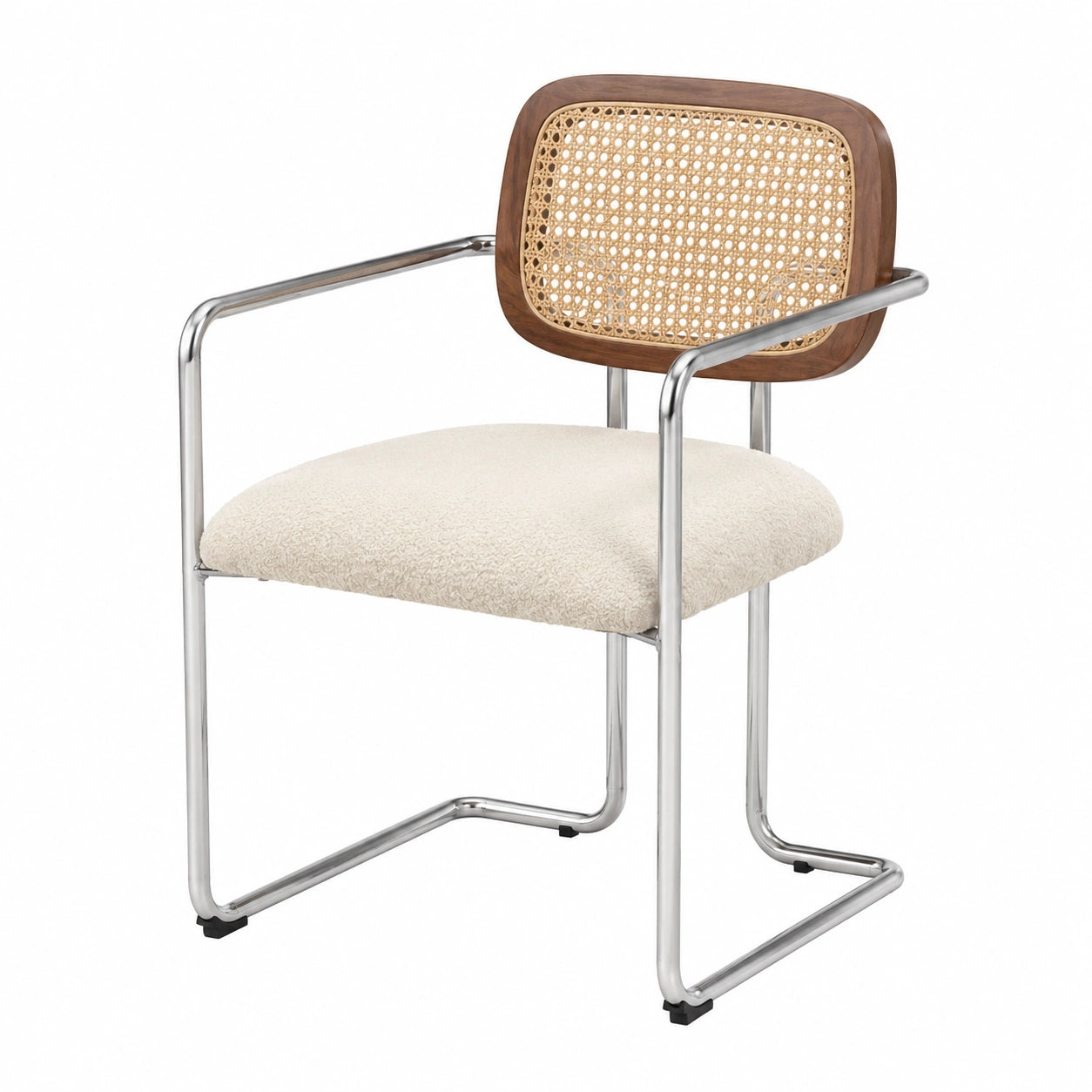 2er Set Esszimmerstühle, Retro-Design mit Rattanlehne und Kunstfellpolster, Metallrahmen, ideal für Esszimmer, Wohnzimmer, Küche und Schlafzimmer, Weiß