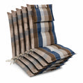 Beautissu 6er Set Hochlehner Gartenstuhlauflagen 120x50 cm – 7 cm dick – UV-beständige Sitzkissen aus EU – Braun Blau Kariert