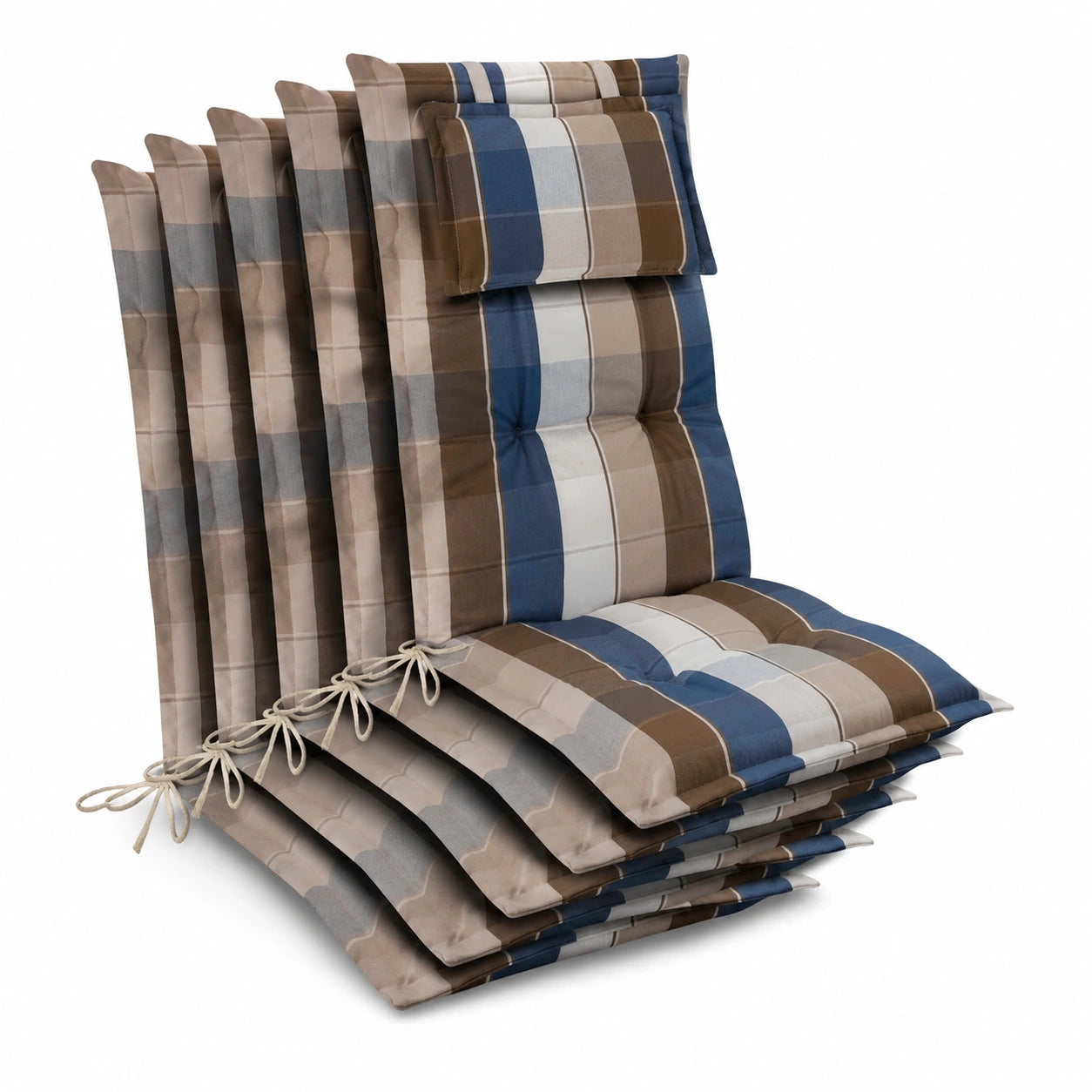 Beautissu 6er Set Hochlehner Gartenstuhlauflagen 120x50 cm – 7 cm dick – UV-beständige Sitzkissen aus EU – Braun Blau Kariert
