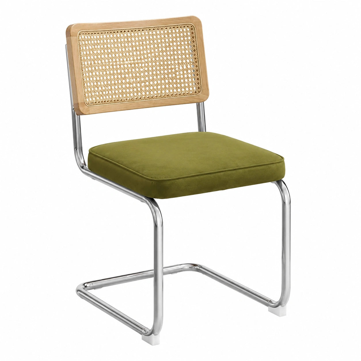 Retro Esstühle im Mid-Century-Stil, Handgewebte Rattanlehne, Chromstahl-Gestell, Weicher Samtbezug, 2er-Set, Grün