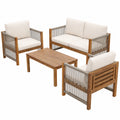 Hochwertige Gartenmöbel Sitzgruppe aus Akazie und Rattan – Inklusive Kissen und Tisch – Doppelsofa und zwei Stühle – Beige Terrassenmöbel Set für Outdoor-Komfort