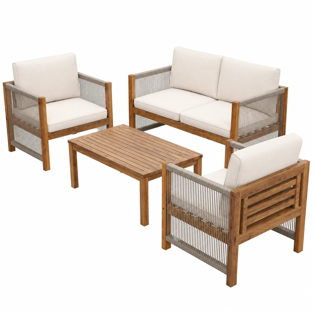 Hochwertige Gartenmöbel Sitzgruppe aus Akazie und Rattan – Inklusive Kissen und Tisch – Doppelsofa und zwei Stühle – Beige Terrassenmöbel Set für Outdoor-Komfort
